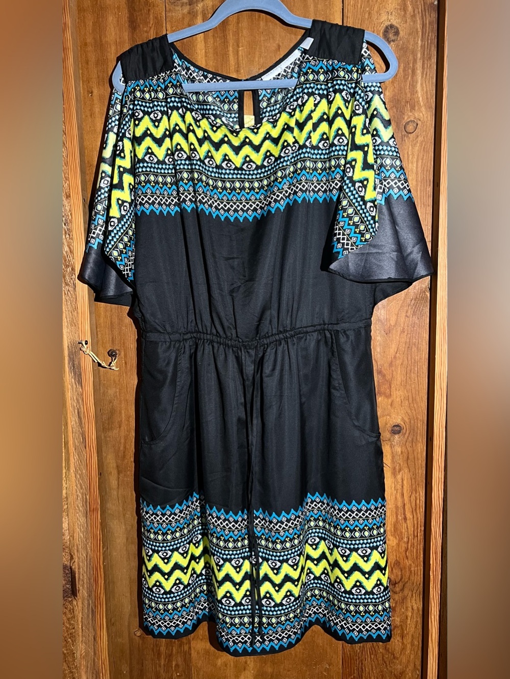New York & Company Black Dress with Neon Yellow & Teal Border Print